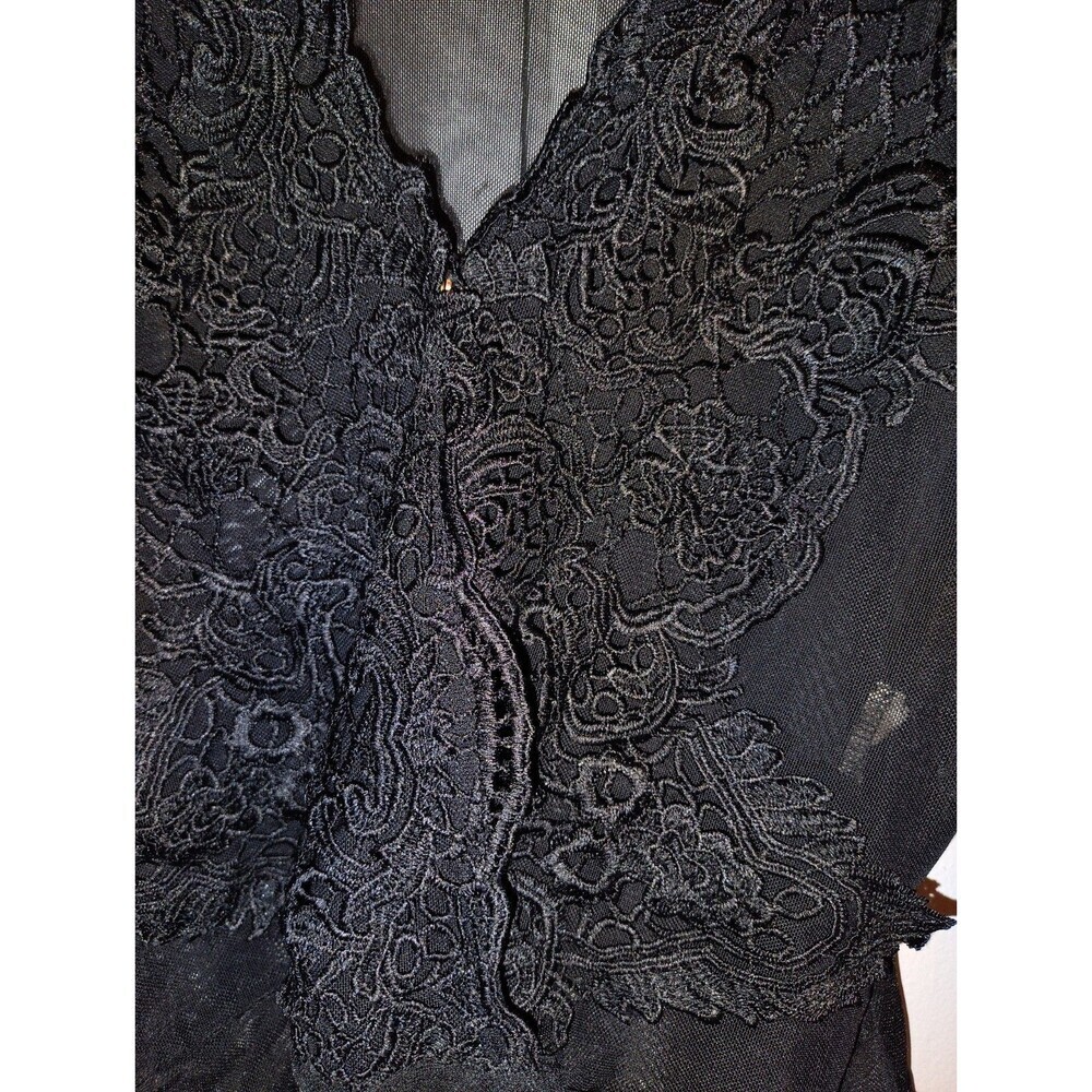 Lizette Collection Black Mesh Bodysuit Large Lace Fringe Sheer Long Sleeve L - Picture 7 of 10